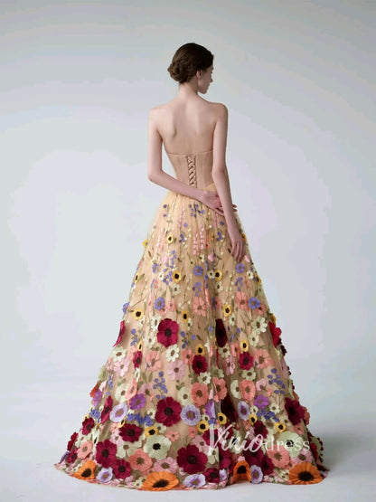 Multi-Color Floral Bottom Satin Bodice Prom Dresses Strapless Corset back Formal Gown FD2900C-prom dresses 2025 -Viniodress-Champagne-Custom Size-