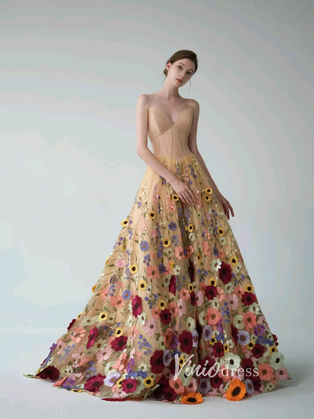 Multi-Color Floral Bottom Satin Bodice Prom Dresses Strapless Corset back Formal Gown FD2900C-prom dresses 2025 -Viniodress-Champagne-Custom Size-