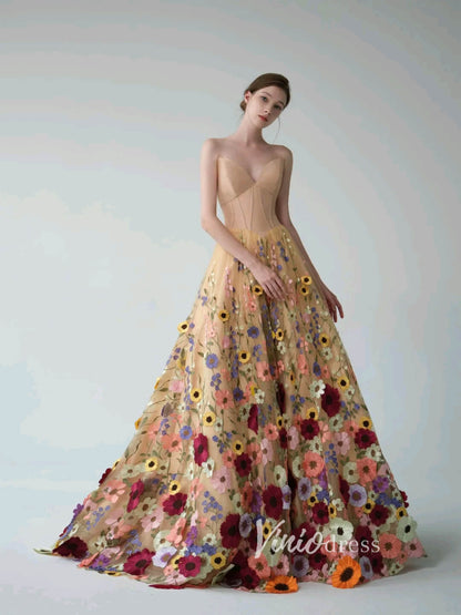 Multi-Color Floral Bottom Satin Bodice Prom Dresses Strapless Corset back Formal Gown FD2900C-prom dresses 2025 -Viniodress-Champagne-Custom Size-