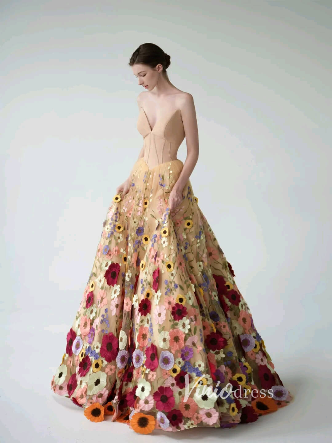 Multi-Color Floral Bottom Satin Bodice Prom Dresses Strapless Corset back Formal Gown FD2900C-prom dresses 2025 -Viniodress-Champagne-Custom Size-