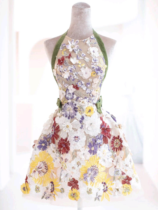 Multi-colored 3D Flower Short Prom Dress Halter Homecoming Dresses FD2900F-Homecoming Dresses 2025 -Viniodress-Champagne-Custom Size-