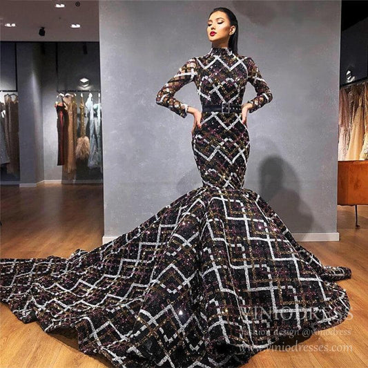 Multicolor Checked Sequin Mermaid Prom Dresses Vintage Formal Gown FD1978 viniodress-prom dresses 2025 -Viniodress-Black-Custom Size-