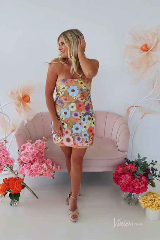 Multicolor Floral Embroidered Tulle Strapless Mini Homecoming Dress – H1104-prom dresses 2025 -Viniodress-Nude-Custom Size-