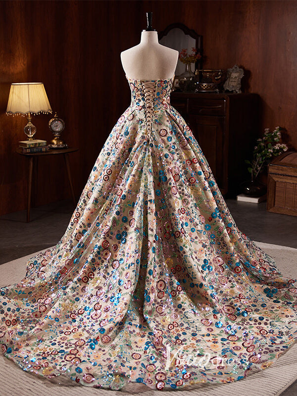 Multicolored Sequin Floral Ball Gown Quince Dresses FD1835-Quinceanera Dresses-Viniodress-Viniodress