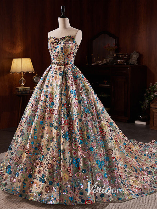 Multicolored Sequin Floral Ball Gown Quince Dresses FD1835-Quinceanera Dresses-Viniodress-Viniodress