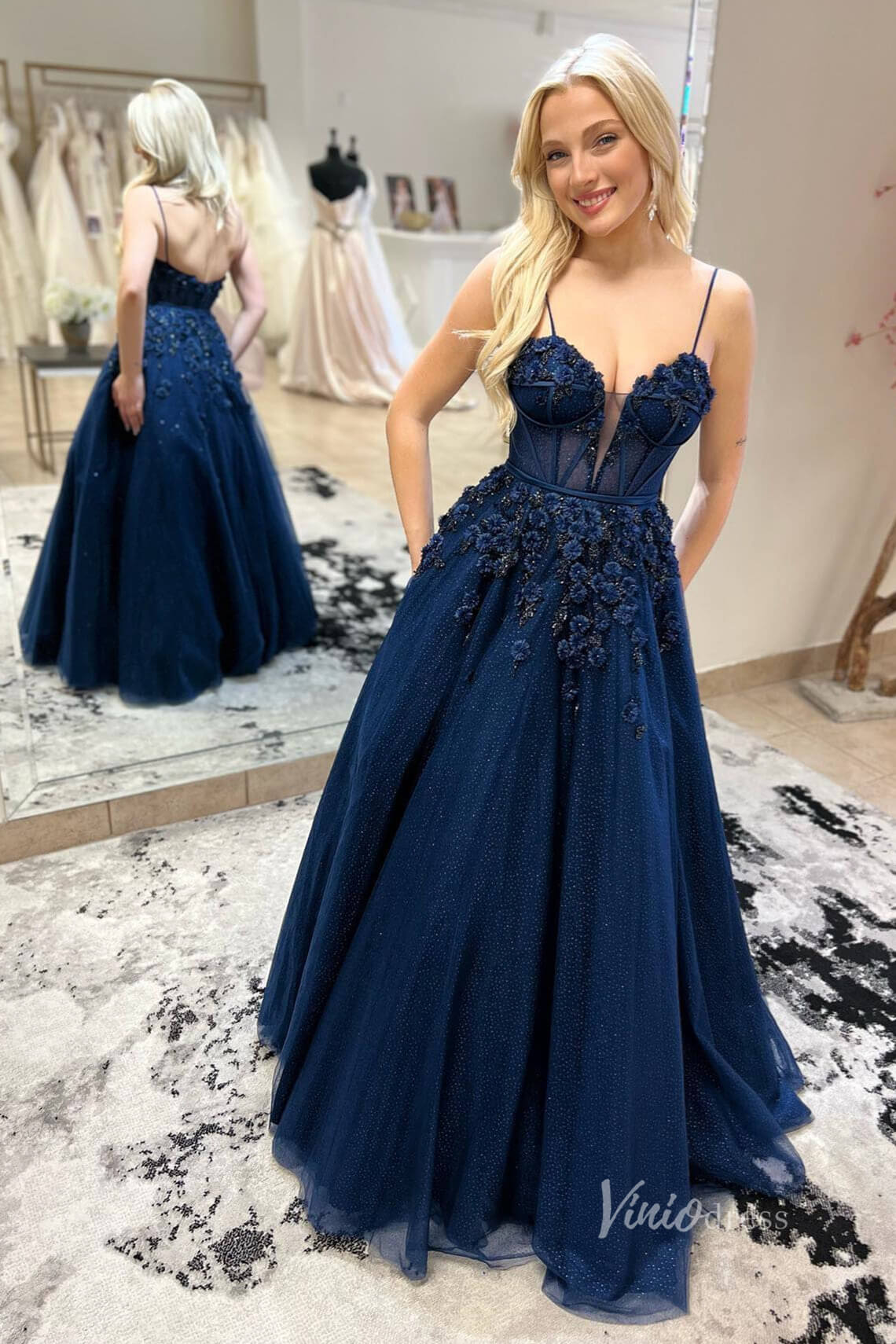 Navy Blue Beaded Lace Applique Prom Dresses Sheer Bodice Spaghetti Strap FD4061 - Viniodressprom dressesNavy BlueCustom Size - Formal Dresses - Ball Gowns