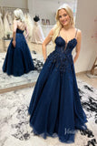 Navy Blue Beaded Lace Applique Prom Dresses Sheer Bodice Spaghetti Strap FD4061