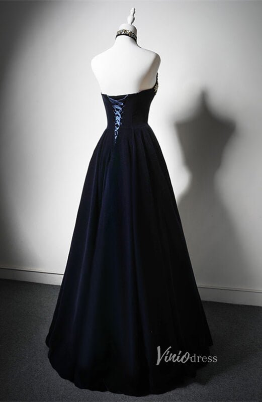 Navy Blue Beaded Velvet Prom Dresses Strapless Halter Neck Formal Dress AD1200-prom dresses 2025 -Viniodress-Navy Blue-Custom Size-