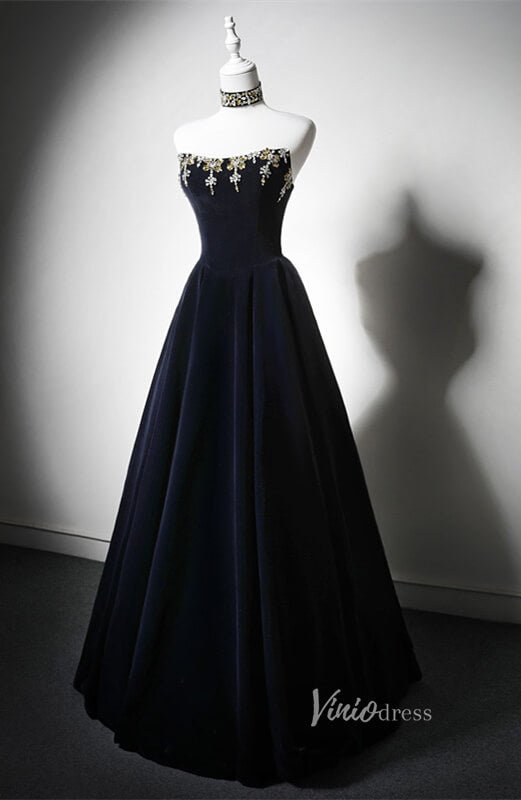 Navy Blue Beaded Velvet Prom Dresses Strapless Halter Neck Formal Dress AD1200-prom dresses 2025 -Viniodress-Navy Blue-Custom Size-