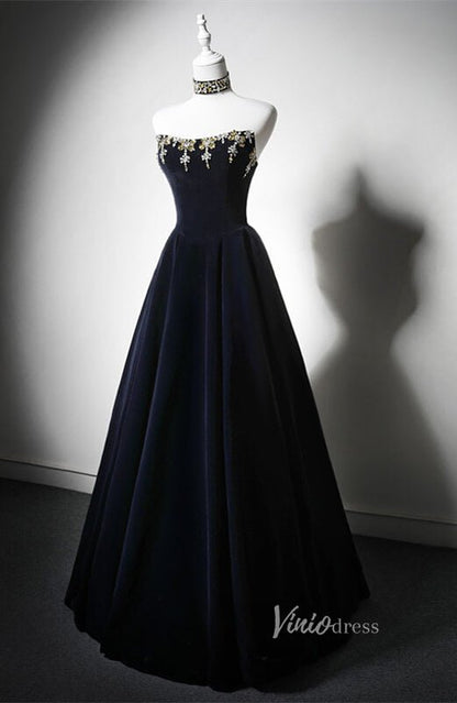 Navy Blue Beaded Velvet Prom Dresses Strapless Halter Neck Formal Dress AD1200-prom dresses 2025 -Viniodress-Navy Blue-Custom Size-