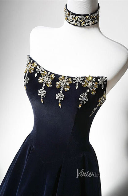 Navy Blue Beaded Velvet Prom Dresses Strapless Halter Neck Formal Dress AD1200-prom dresses 2025 -Viniodress-Navy Blue-Custom Size-