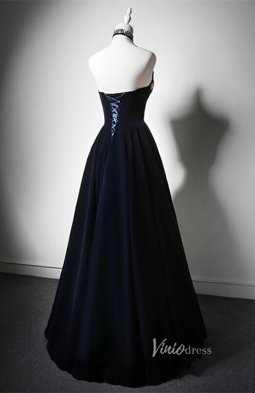 Navy Blue Beaded Velvet Prom Dresses Strapless Halter Neck Formal Dress AD1200 - Viniodressprom dressesNavy BlueCustom Size - Formal Dresses - Ball Gowns