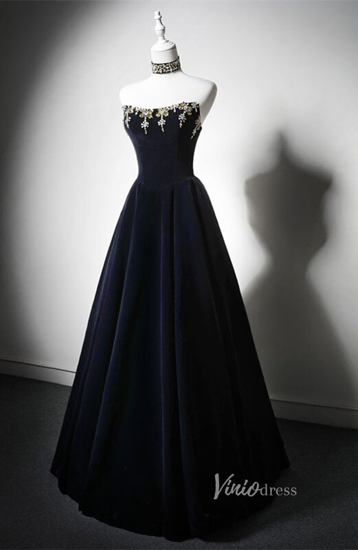 Navy Blue Beaded Velvet Prom Dresses Strapless Halter Neck Formal Dress AD1200 - Viniodressprom dressesNavy BlueCustom Size - Formal Dresses - Ball Gowns