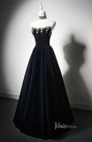 Navy Blue Beaded Velvet Prom Dresses Strapless Halter Neck Formal Dress AD1200-prom dresses-Viniodress-Viniodress