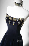 Navy Blue Beaded Velvet Prom Dresses Strapless Halter Neck Formal Dress AD1200-prom dresses-Viniodress-Viniodress