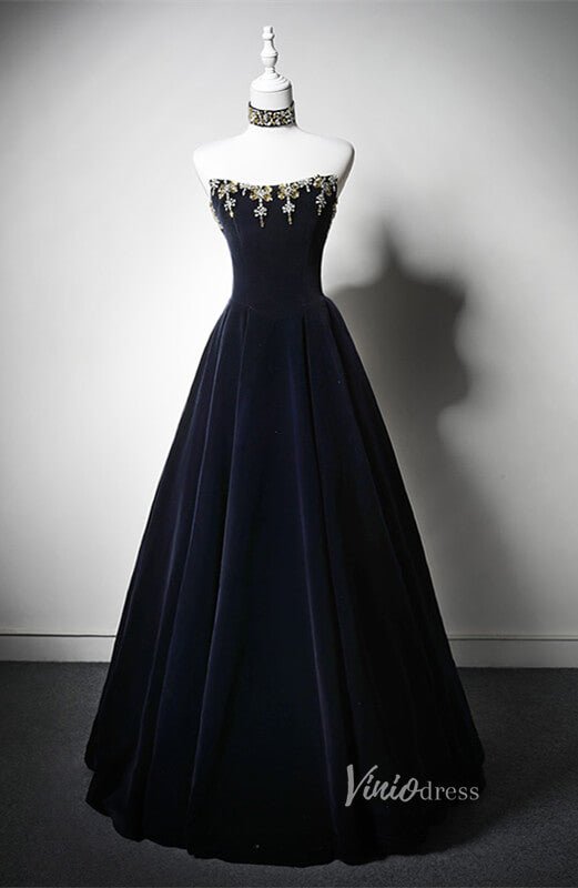 Navy Blue Beaded Velvet Prom Dresses Strapless Halter Neck Formal Dress AD1200 - Viniodressprom dressesNavy BlueCustom Size - Formal Dresses - Ball Gowns