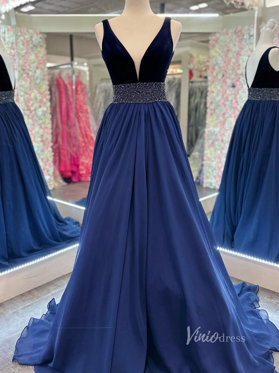 Navy Blue Chiffon Velvet Cheap Prom Dresses Plunging V-Neck Beaded Waist FD3976-prom dresses-Viniodress-Navy Blue-Custom Size-Viniodress