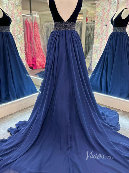 Navy Blue Chiffon Velvet Prom Dresses Plunging V-Neck Beaded Waist FD3976-prom dresses 2025 -Viniodress-Navy Blue-Custom Size-