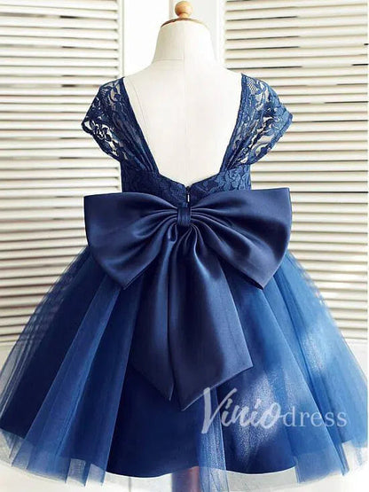 Navy Blue Cute Flower Girl Dresses with Detachable Bow GL1017-flower girl dresses 2025 -Viniodress-Navy Blue-Custom Size-