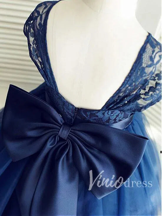 Navy Blue Cute Flower Girl Dresses with Detachable Bow GL1017-flower girl dresses 2025 -Viniodress-Navy Blue-Custom Size-