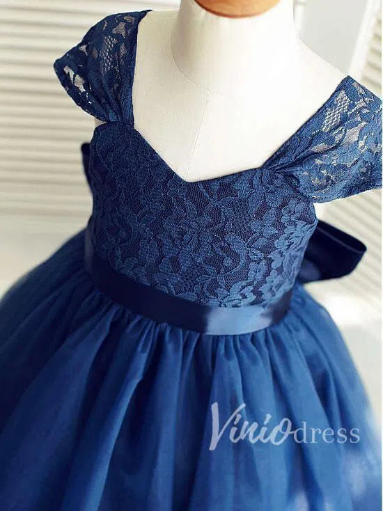 Navy Blue Cute Flower Girl Dresses with Detachable Bow GL1017-flower girl dresses 2025 -Viniodress-Navy Blue-Custom Size-