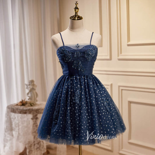 Navy Blue Dotted Tulle Homecoming Dresses Spaghetti Strap Short Prom Dress SD1587-prom dresses 2025 -Viniodress-Navy Blue-Custom Size-