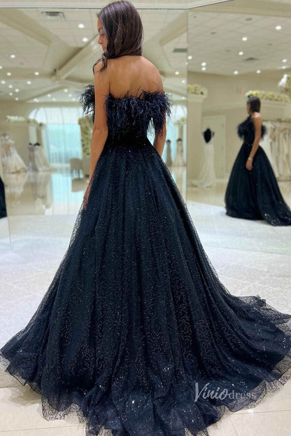 Navy Blue Feather Strapless Prom Dresses Beaded Sparkly Tulle FD3989-prom dresses 2025 -Viniodress-Navy Blue-Custom Size-