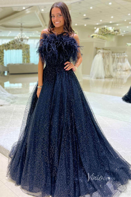 Navy Blue Feather Strapless Prom Dresses Beaded Sparkly Tulle FD3989-prom dresses 2025 -Viniodress-Navy Blue-Custom Size-