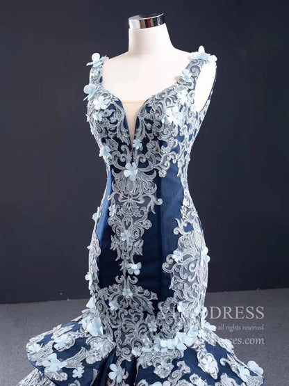 Navy Blue Floral Mermaid Prom Dresses Trumpet Lace Pageant Dress FD1111-prom dresses 2025 -Viniodress-Navy Blue-Custom Size-