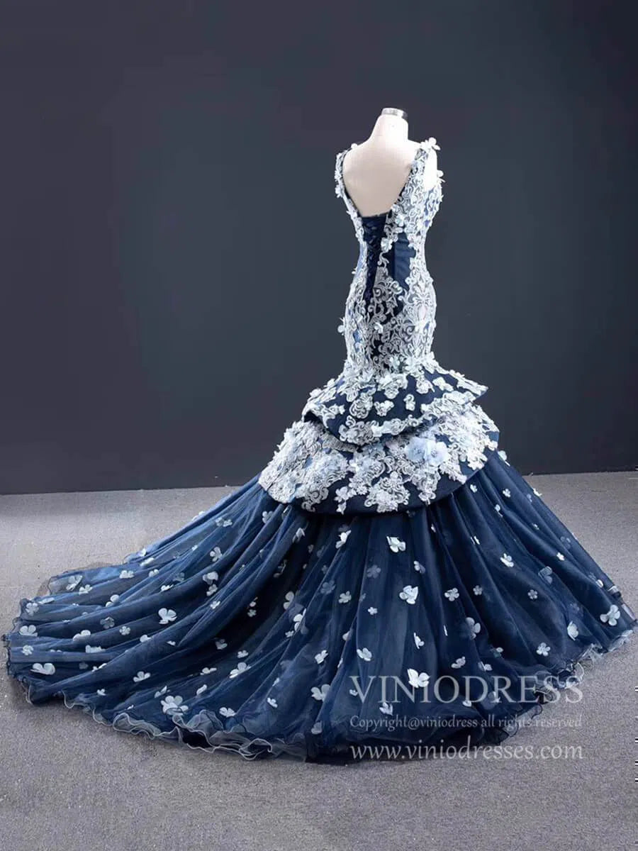 Navy Blue Floral Mermaid Prom Dresses Trumpet Lace Pageant Dress FD1111-prom dresses-Viniodress-Viniodress