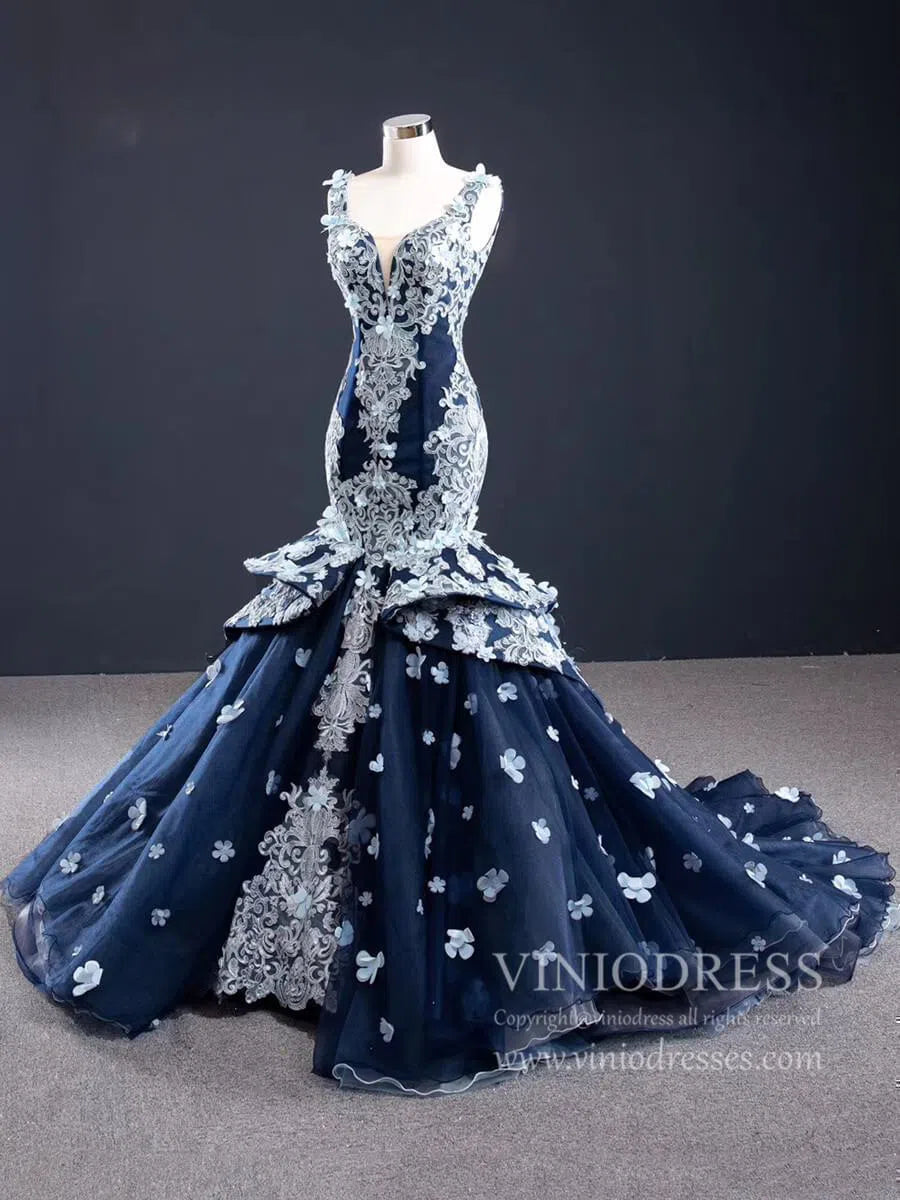 Prom Dress 2025 Navy Blue Floral Mermaid Prom Dresses Trumpet Lace Pageant Dress FD1111-unique prom dresses-Navy Blue-Custom Size-Viniodress