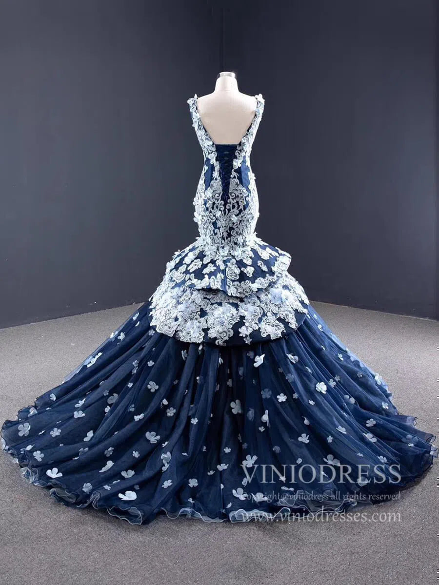 Navy Blue Floral Mermaid Prom Dresses Trumpet Lace Pageant Dress FD1111-prom dresses-Viniodress-Viniodress