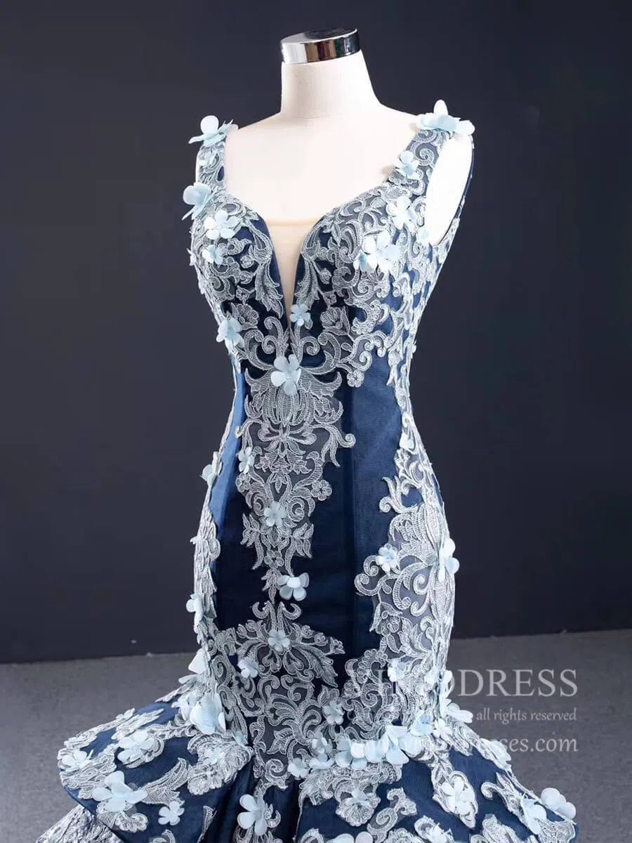 Navy Blue Floral Mermaid Prom Dresses Trumpet Lace Pageant Dress FD1111-prom dresses-Viniodress-Viniodress