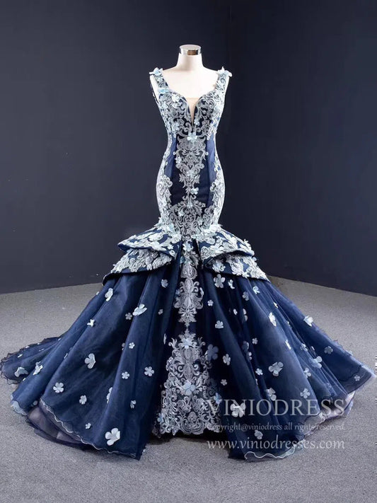 Prom Dress 2025 Navy Blue Floral Mermaid Prom Dresses Trumpet Lace Pageant Dress FD1111-unique prom dresses-Navy Blue-Custom Size-Viniodress