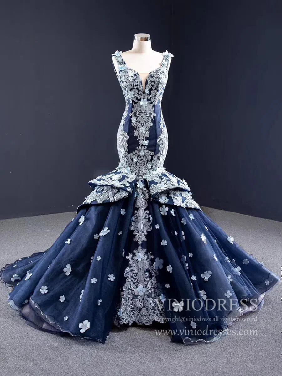 Navy Blue Floral Mermaid Prom Dresses Trumpet Lace Pageant Dress FD1111-prom dresses-Viniodress-Navy Blue-Custom Size-Viniodress