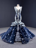 Navy Blue Floral Mermaid Prom Dresses Trumpet Lace Pageant Dress FD1111