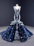 Navy Blue Floral Mermaid Prom Dresses Trumpet Lace Pageant Dress FD1111-prom dresses-Viniodress-Navy Blue-Custom Size-Viniodress