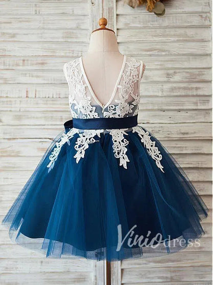 Navy Blue Flower Girl Dresses Tea Length GL1011-flower girl dresses 2025 -Viniodress-Navy Blue-Custom Size-
