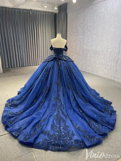 Navy Blue Glitter Ball Gown Off Shoulder Quinceañera Dress with Corset Back 231116-Quinceanera Dresses 2025 -Viniodress-Navy-Custom Size-