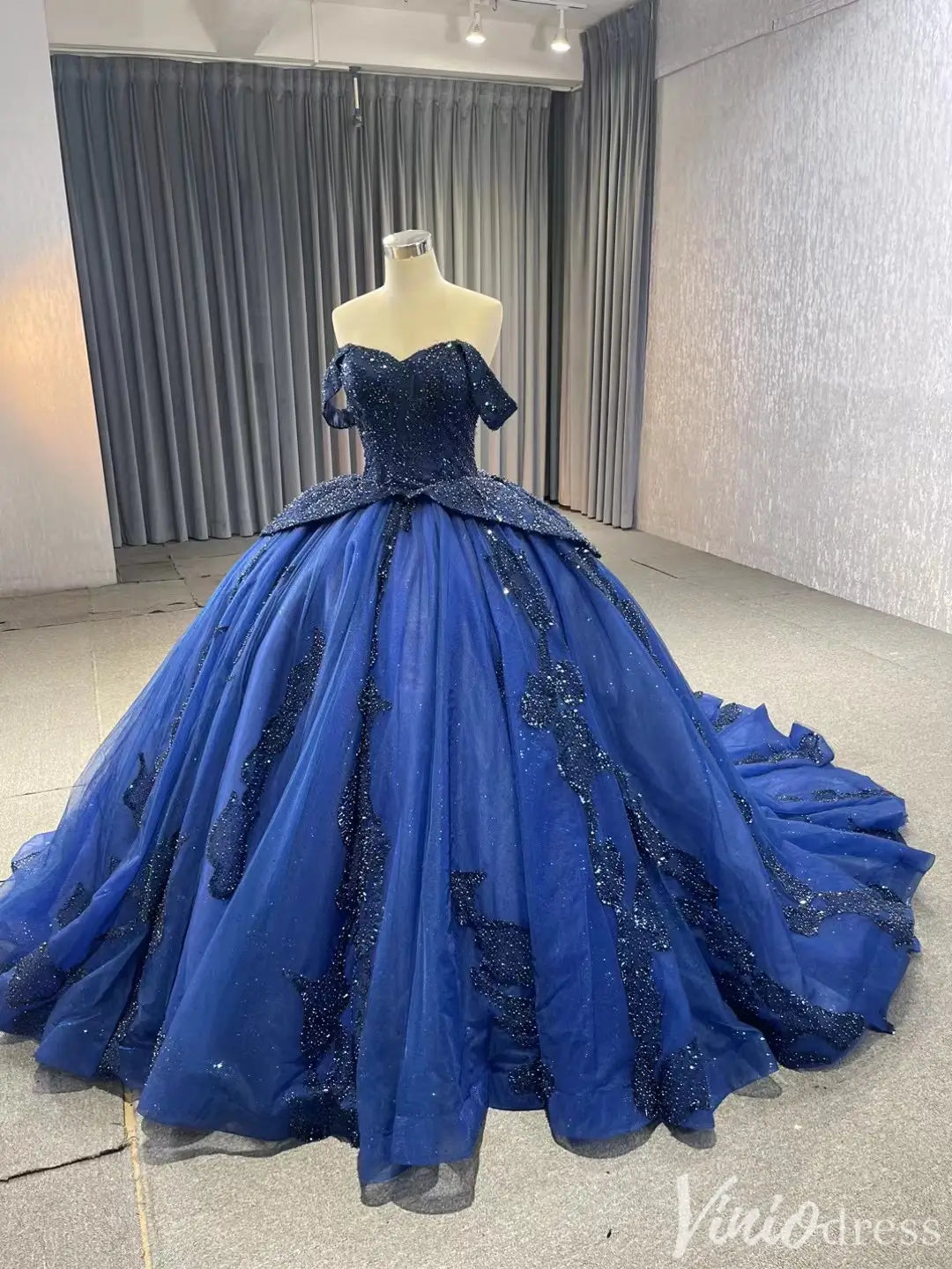 Navy Blue Glitter Ball Gown Off Shoulder Quinceañera Dress with Corset Back 231116-Quinceanera Dresses 2025 -Viniodress-Navy-Custom Size-