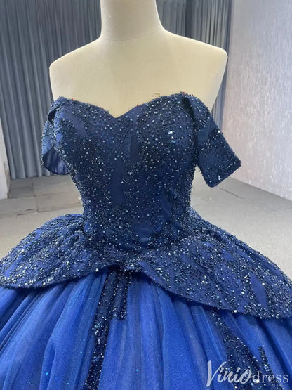 Navy Blue Glitter Ball Gown Off Shoulder Quinceañera Dress with Corset Back 231116-Quinceanera Dresses 2025 -Viniodress-Navy-Custom Size-