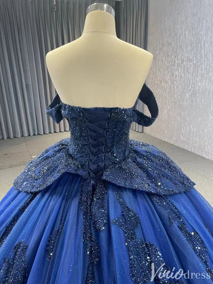 Navy Blue Glitter Ball Gown Off Shoulder Quinceañera Dress with Corset Back 231116-Quinceanera Dresses 2025 -Viniodress-Navy-Custom Size-
