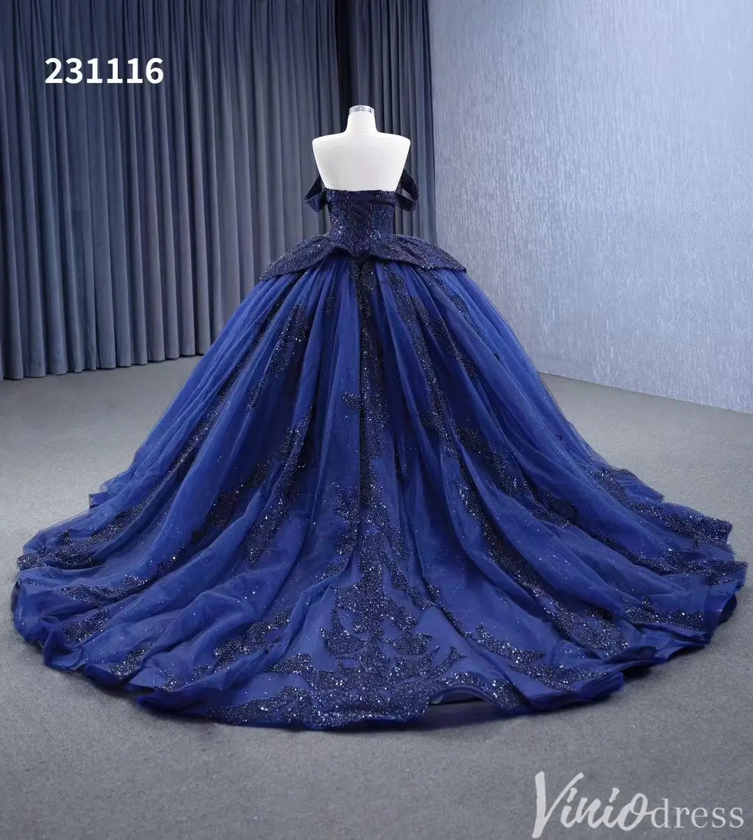 Navy Blue Glitter Ball Gown Off Shoulder Quinceañera Dress with Corset Back 231116-Quinceanera Dresses 2025 -Viniodress-Navy-Custom Size-