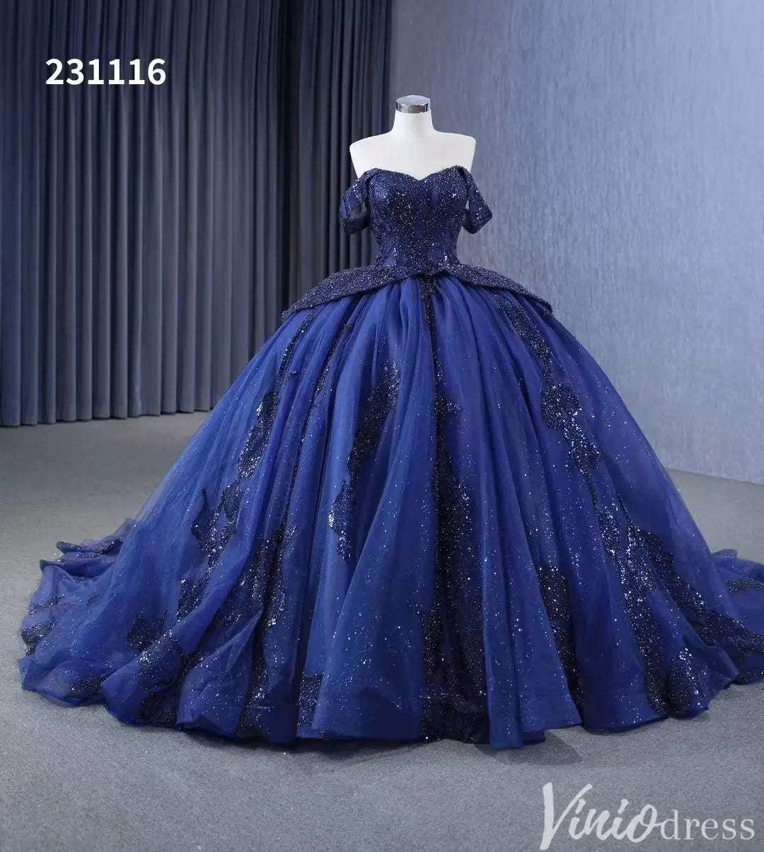 Navy Blue Glitter Ball Gown Off Shoulder Quinceañera Dress with Corset Back 231116-Quinceanera Dresses 2025 -Viniodress-Navy-Custom Size-