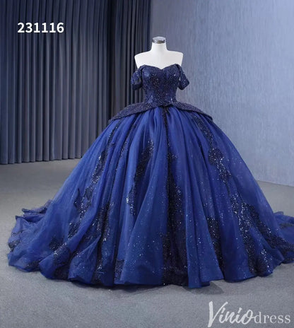 Navy Blue Glitter Ball Gown Off Shoulder Quinceañera Dress with Corset Back 231116-Quinceanera Dresses 2025 -Viniodress-Navy-Custom Size-