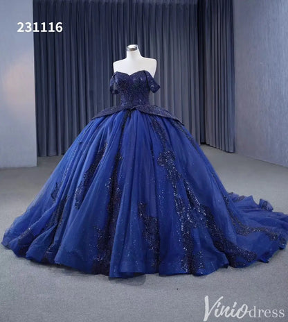 Navy Blue Glitter Ball Gown Off Shoulder Quinceañera Dress with Corset Back 231116-Quinceanera Dresses 2025 -Viniodress-Navy-Custom Size-