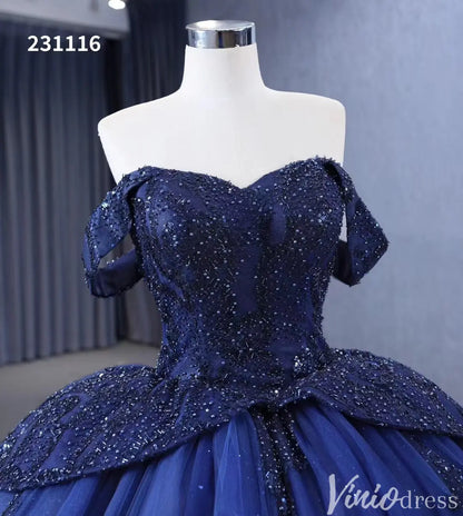 Navy Blue Glitter Ball Gown Off Shoulder Quinceañera Dress with Corset Back 231116-Quinceanera Dresses 2025 -Viniodress-Navy-Custom Size-
