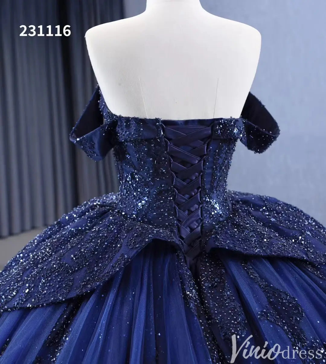 Navy Blue Glitter Ball Gown Off Shoulder Quinceañera Dress with Corset Back 231116-Quinceanera Dresses 2025 -Viniodress-Navy-Custom Size-