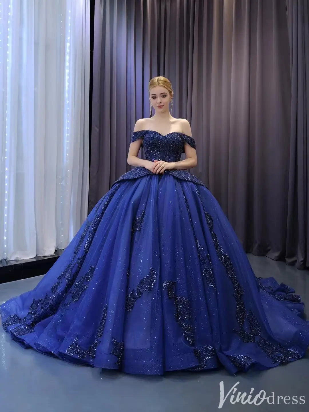 Navy Blue Glitter Ball Gown Off Shoulder Quinceañera Dress with Corset Back 231116-Quinceanera Dresses 2025 -Viniodress-Navy-Custom Size-