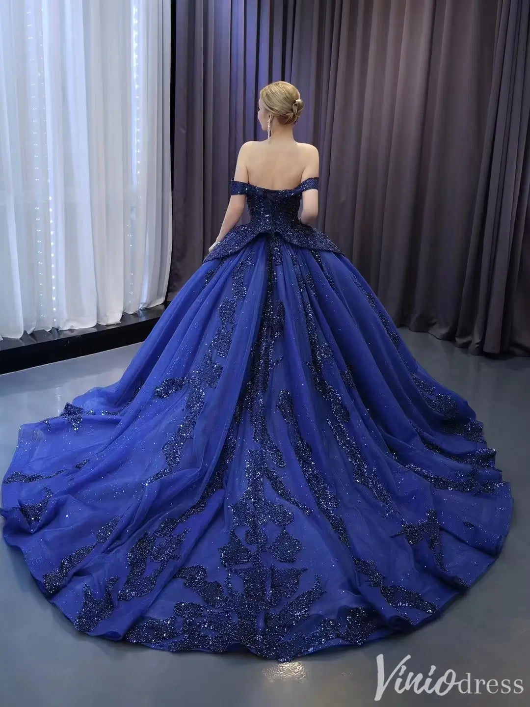 Navy Blue Glitter Ball Gown Off Shoulder Quinceañera Dress with Corset Back 231116-Quinceanera Dresses 2025 -Viniodress-Navy-Custom Size-